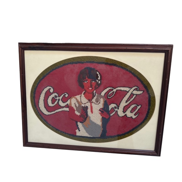 Coca-Cola Other - Vintage Coca Cola Needlepoint Art Framed Mid Century 1950s 1970s Wall Decor